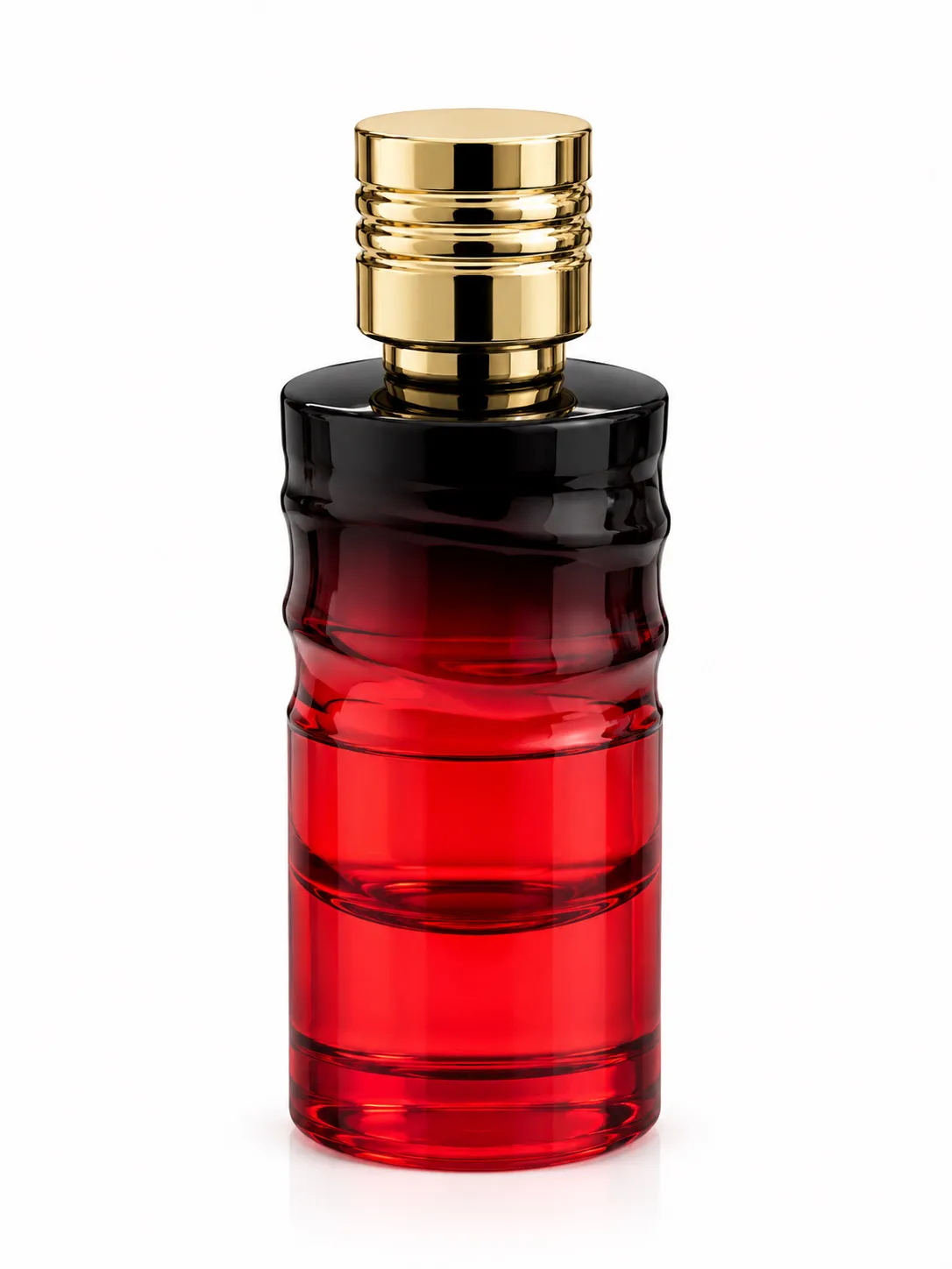 علب عطور فارغة 100 مل أحمر شفاف متدرج للأسود بغطاء ذهبي – بخاخ كبس يدوي وماكينة