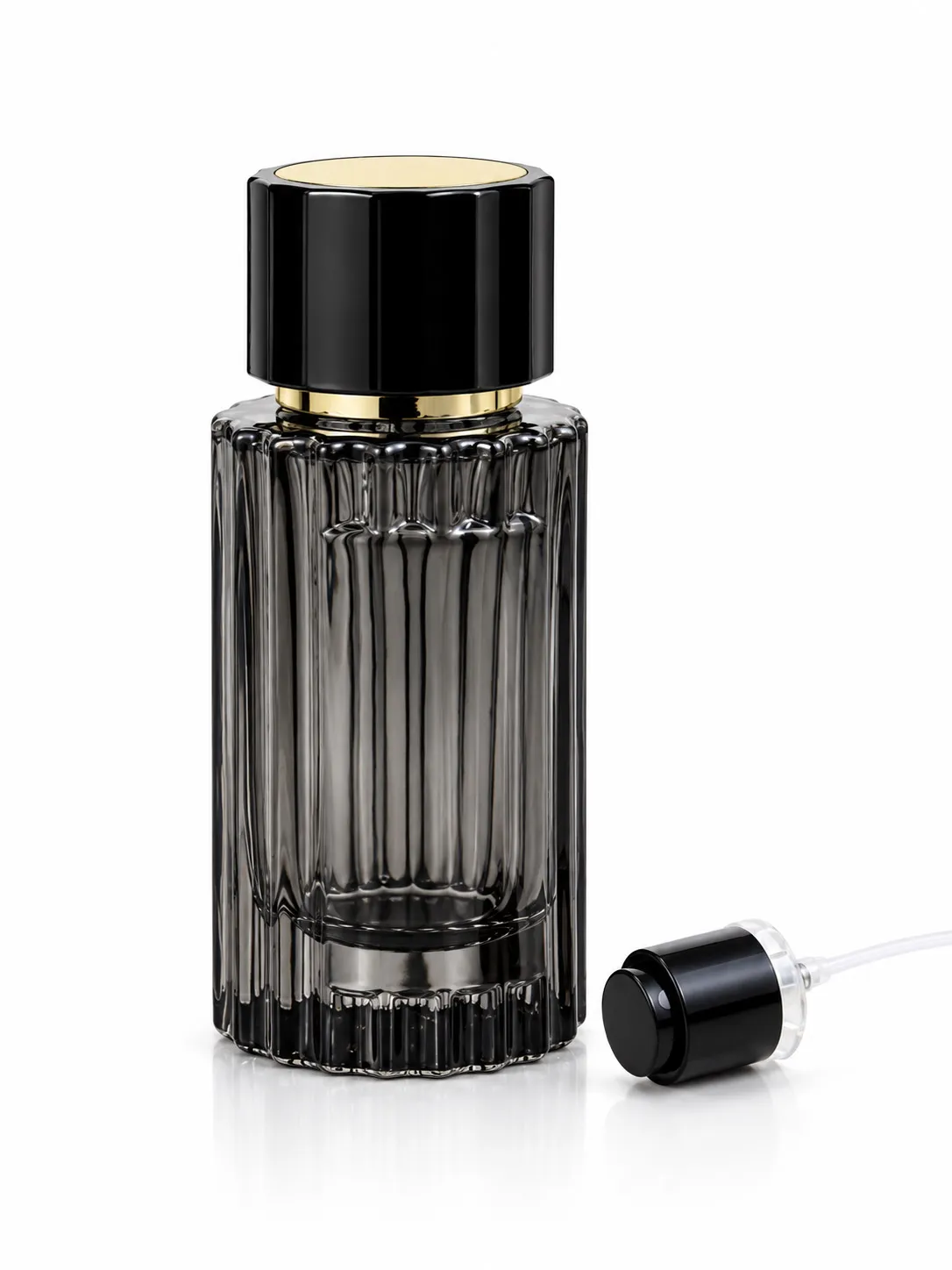 علب عطور فارغة 80 مل أسود شفاف مخطط – بخاخ كبس يدوي وماكينة