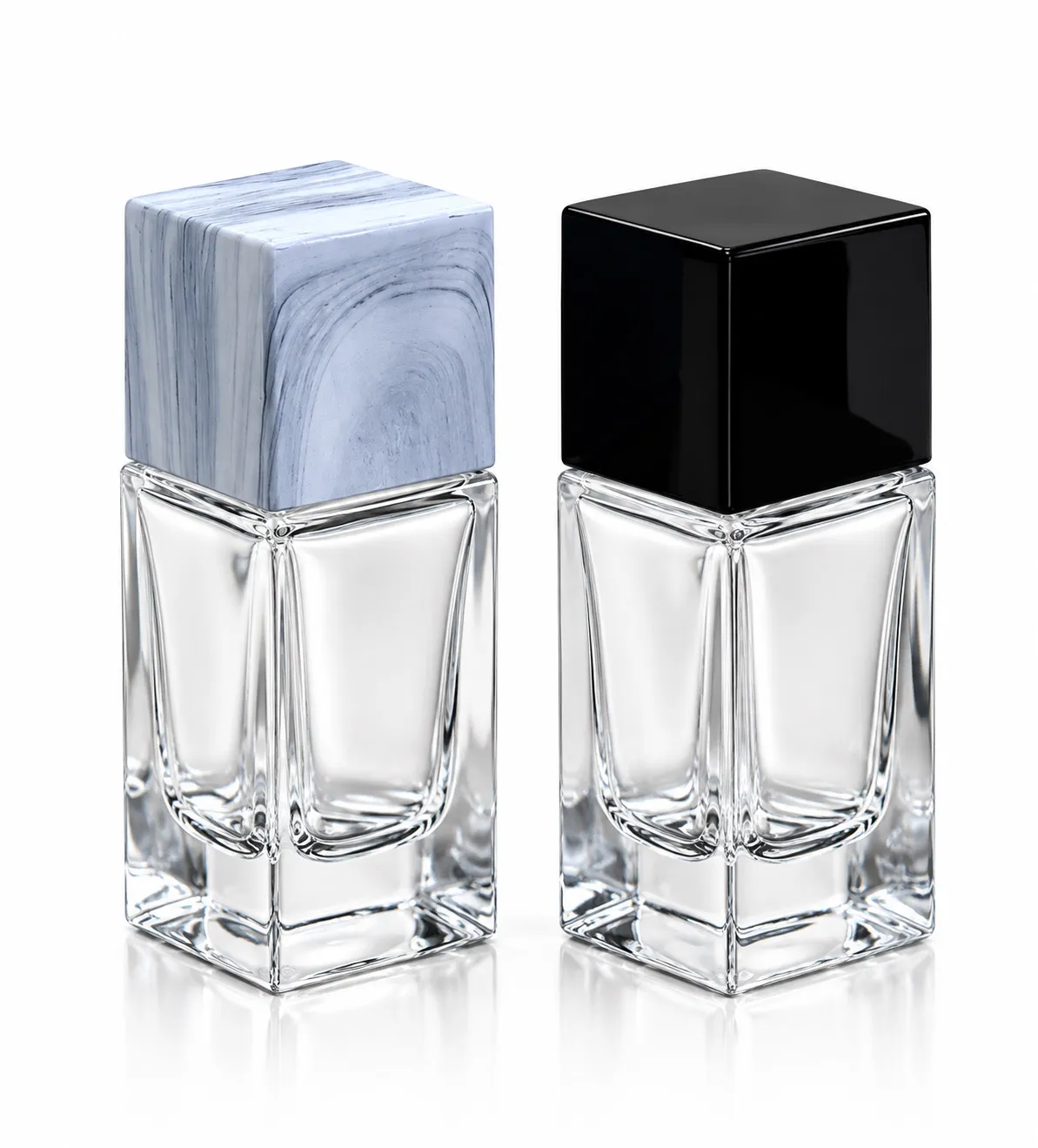 علب عطور فارغة 50 مل زجاج شفاف مربع بغطاء أسود أو رخامي – بخاخ كبس يدوي وماكينة