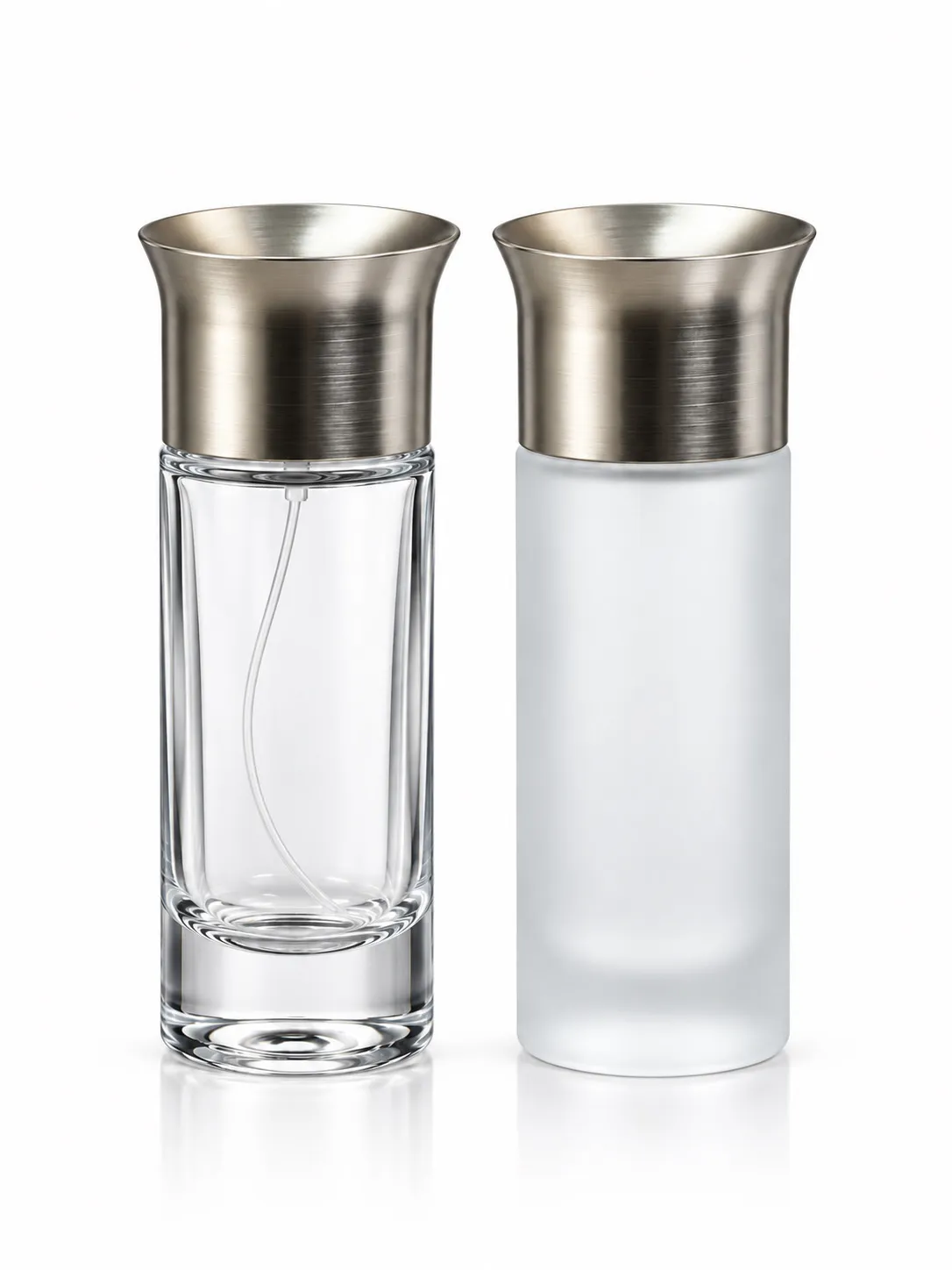 علب عطور فارغة 100 مل ثلجي وشفاف بغطاء فضي – بخاخ كبس يدوي وماكينة